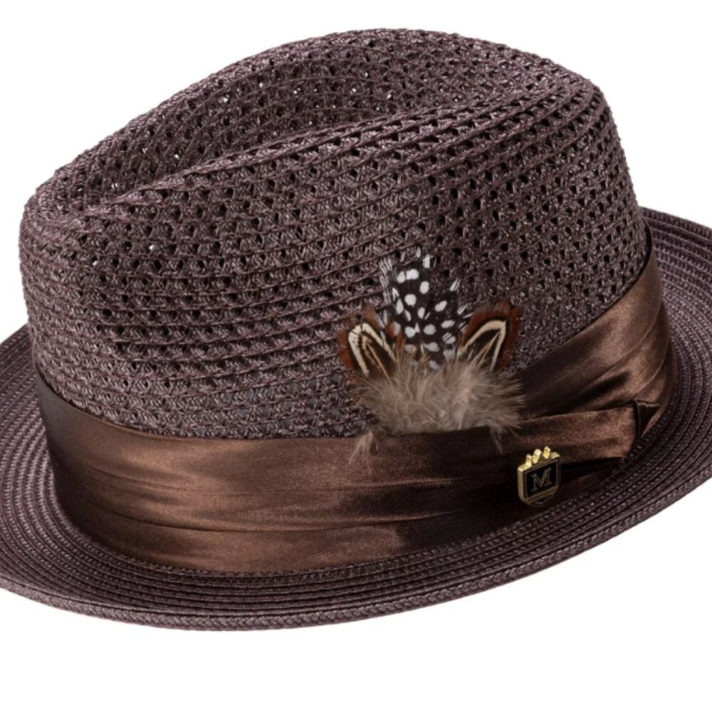 Men's BROWN Mesh Fedora Hat - Montique Pinch Crown Fedora.  H-34
